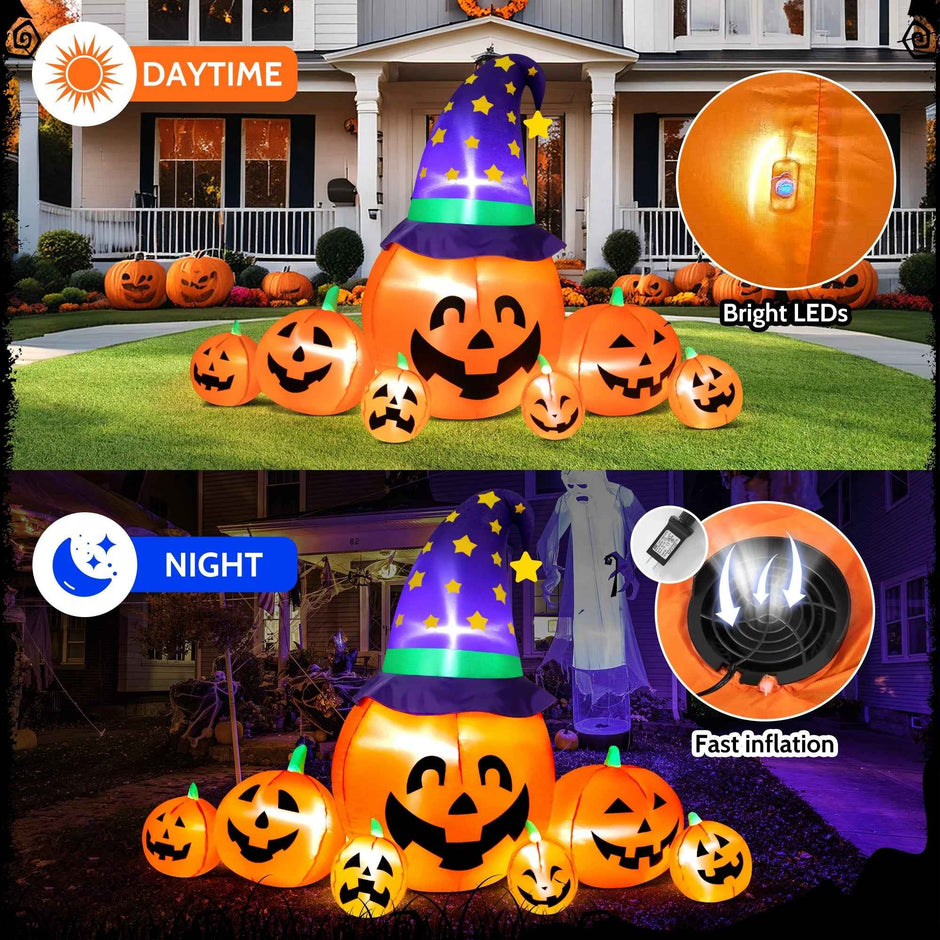 8.7ft Halloween Inflatable Pumpkin Stack | 7 Pumpkins + Witch Hat, Built-In LED Lights, UL Certified Yard Decor