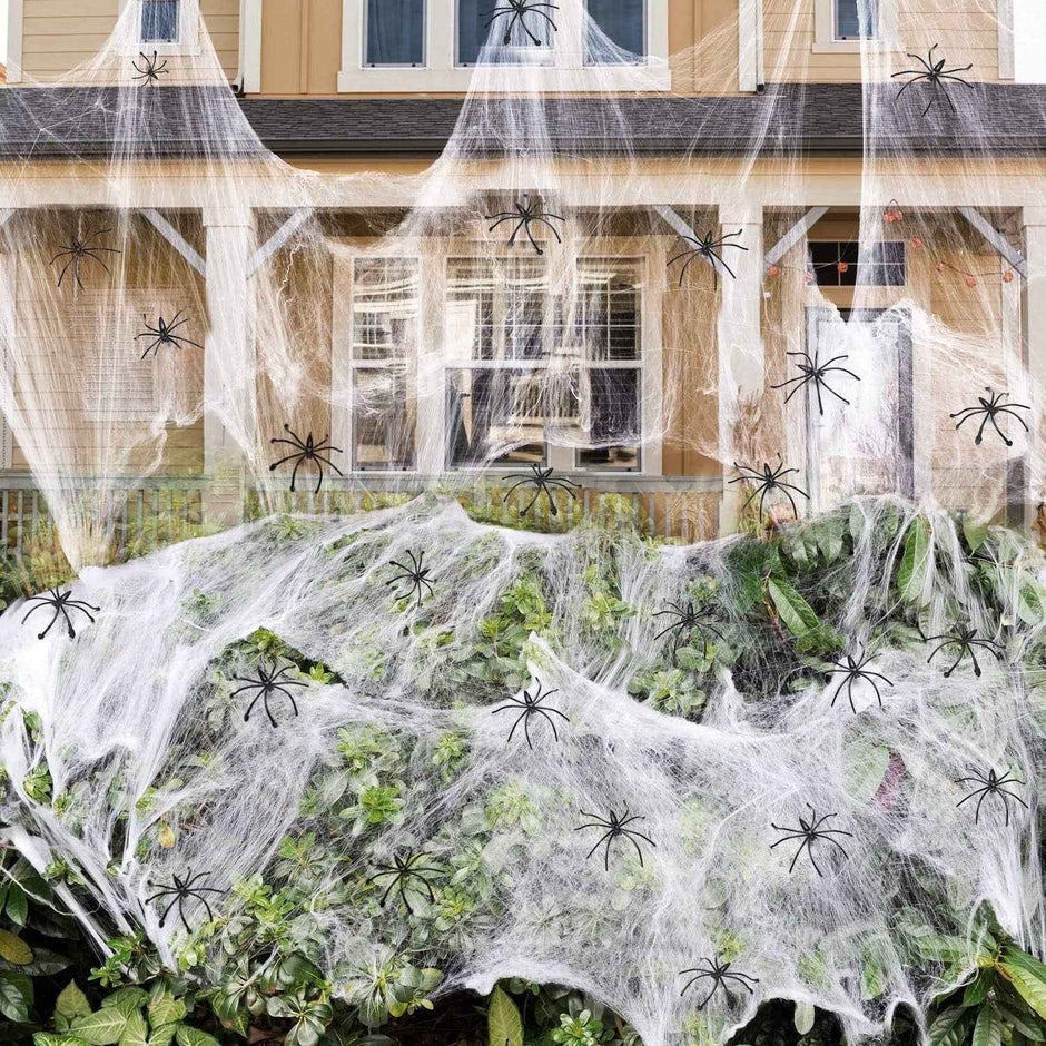 Halloween Spider Web Decoration Kit | 270g Stretch Cobweb Covers 650 Sq Ft + 60 Fake Spiders — Indoor & Outdoor