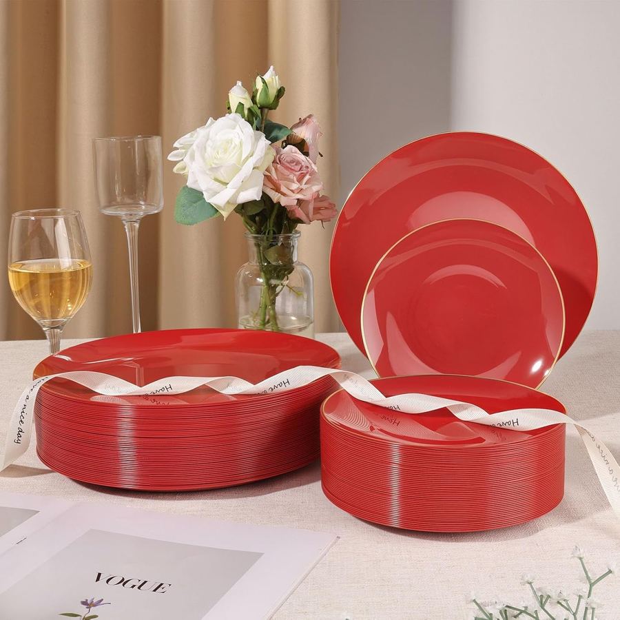 Red gold dinnerware party buffet table