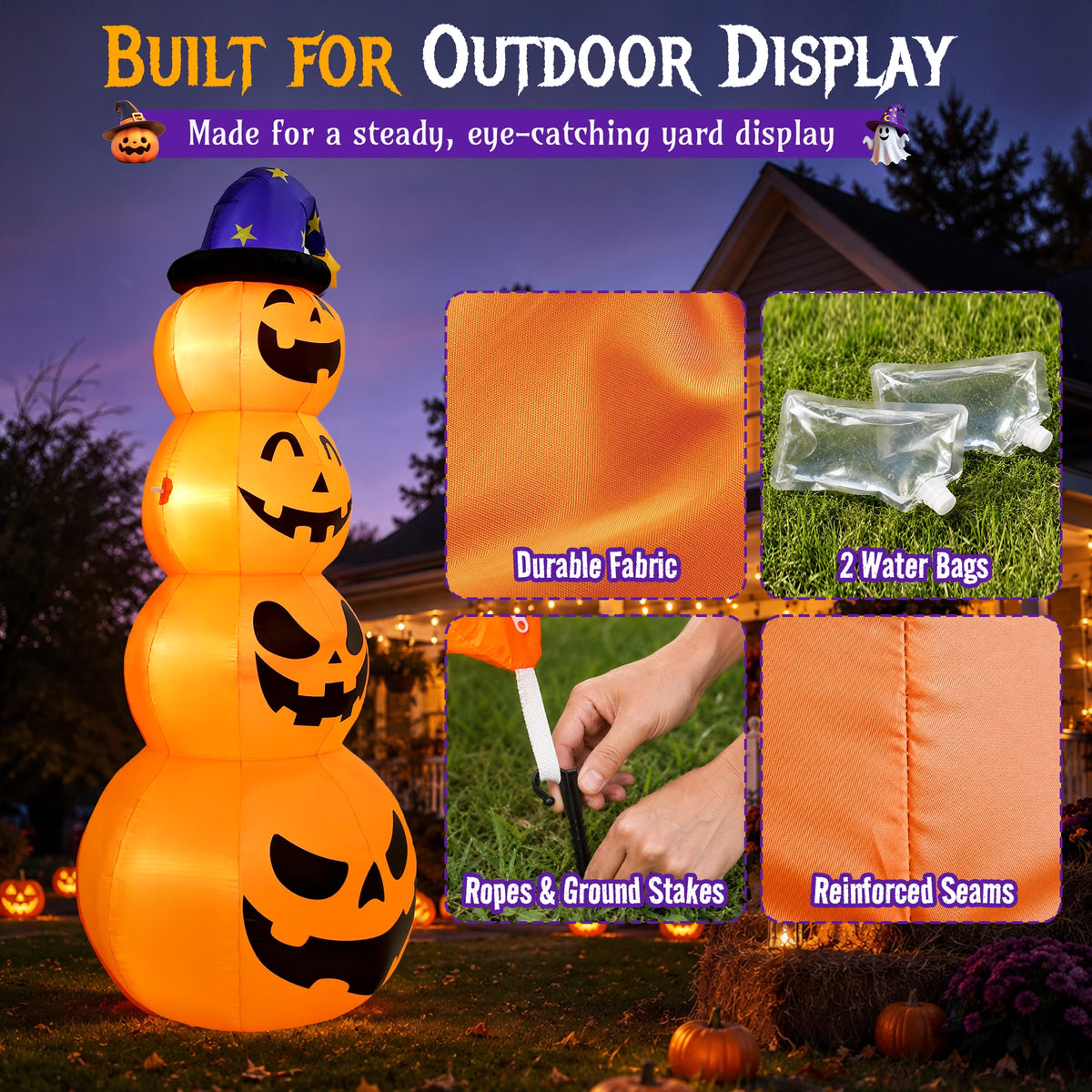 8 Ft Halloween Pumpkin Stack Inflatable Decoration with Witch Hat, Lighted Blow up Yard Decor for Outdoor Lawn Garden