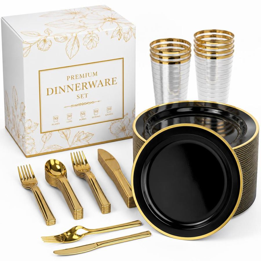 Black dinnerware set — black and gold plastic plates, cups and cutlery