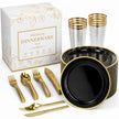 Black dinnerware set — black and gold plastic plates, cups and cutlery