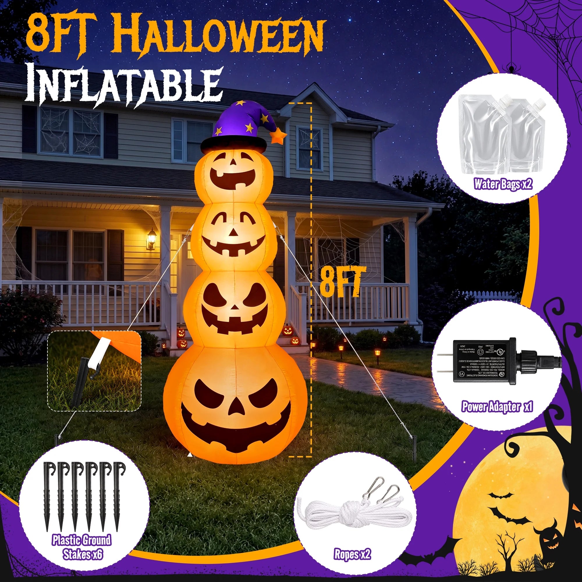 8 Ft Halloween Pumpkin Stack Inflatable Decoration with Witch Hat, Lighted Blow up Yard Decor for Outdoor Lawn Garden