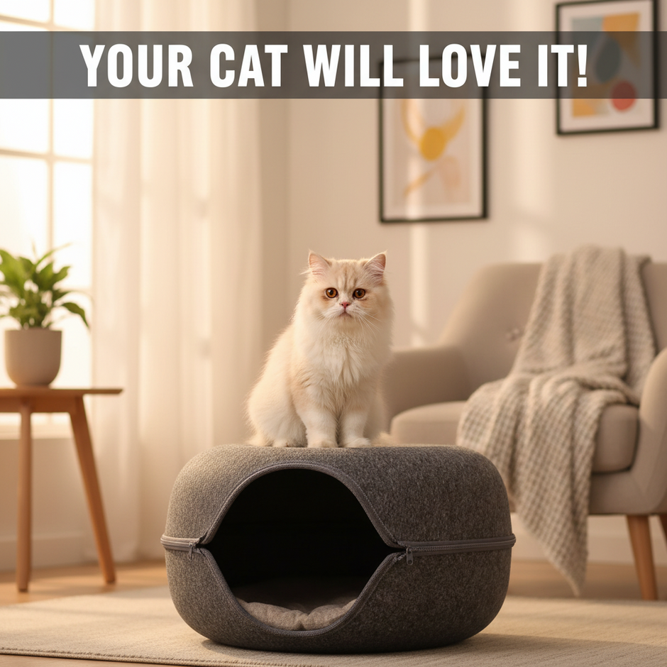 Donut Cat Tunnel Bed & Cave – Natural Felt Pet House with Interactive Toy for Cats - Gold Store Business