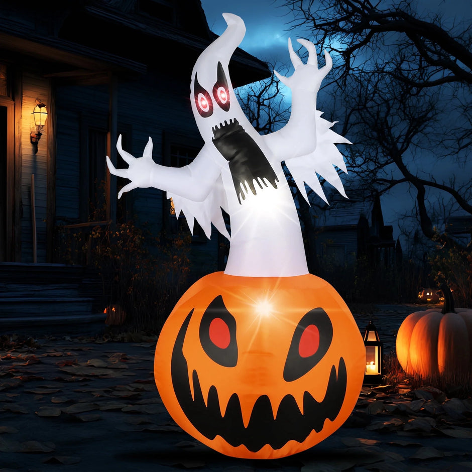 5 Ft Halloween Inflatable Pumpkin Halloween Inflatable Pumpkins and Ghost Outdoor Yard Decoration Build-In 4 LED Lights