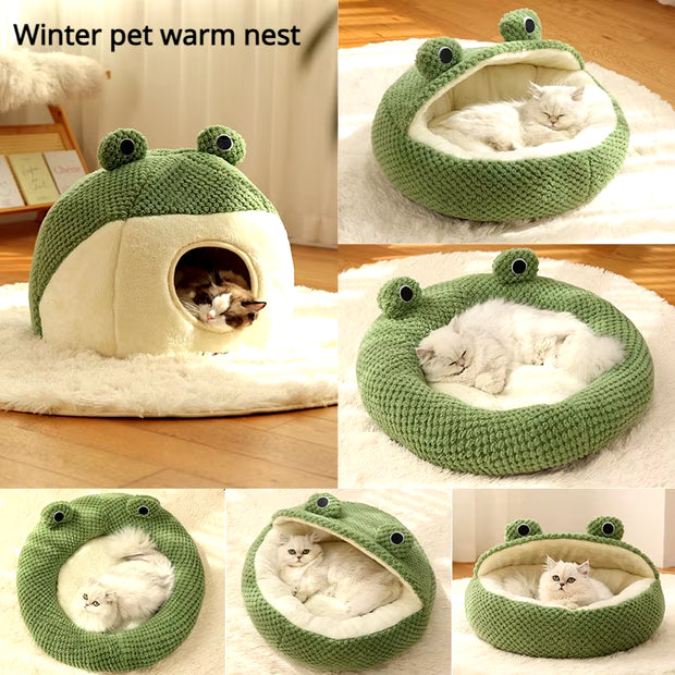 Frog-Shaped Plush Pet Nest – Warm Winter Dog Den & Cat Villa Semi-Enclosed Kitten Puppy House - Gold Store Business