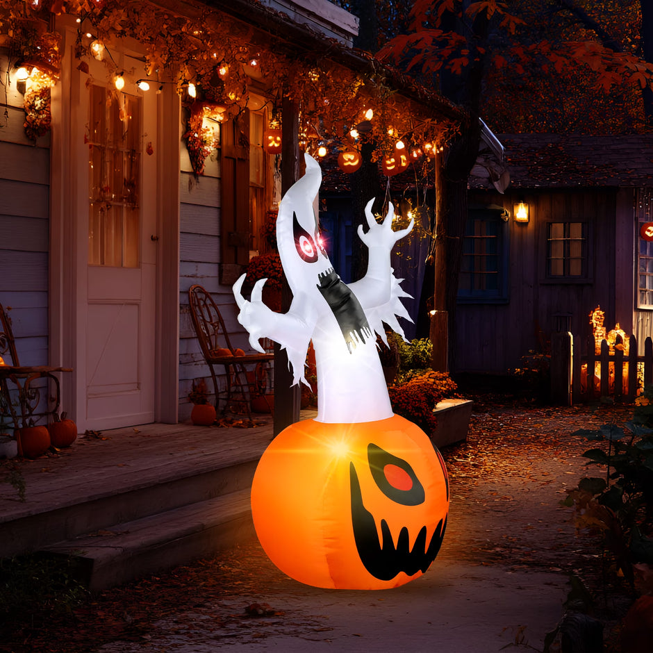 5 Ft Halloween Inflatable Pumpkin Halloween Inflatable Pumpkins and Ghost Outdoor Yard Decoration Build-In 4 LED Lights