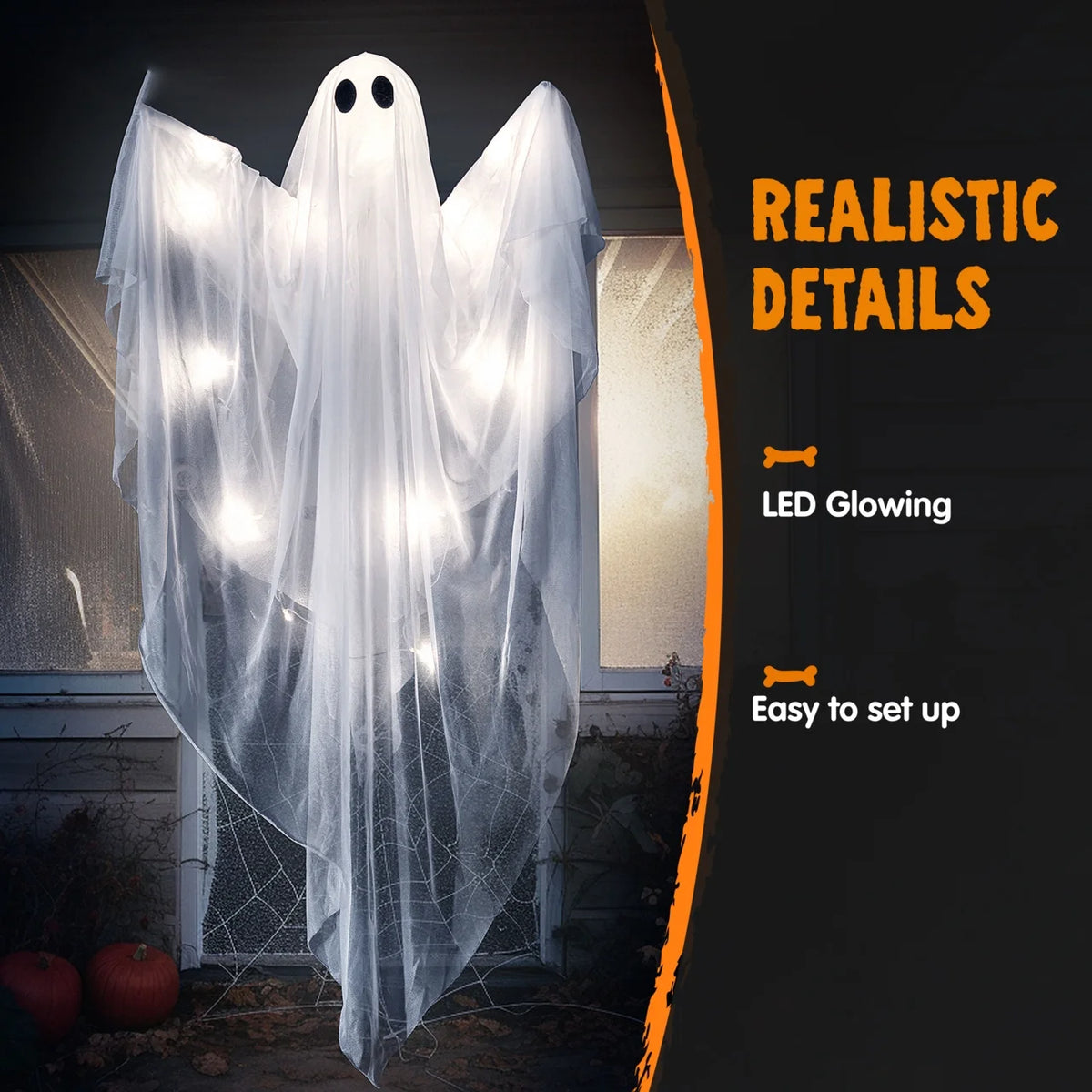 47 Inch Hanging Ghosts Halloween Decor,Halloween Light up White Ghosts with Spooky White LED Light,Halloween Outdoor Yard Porch Decorations,Haunted House Decorations