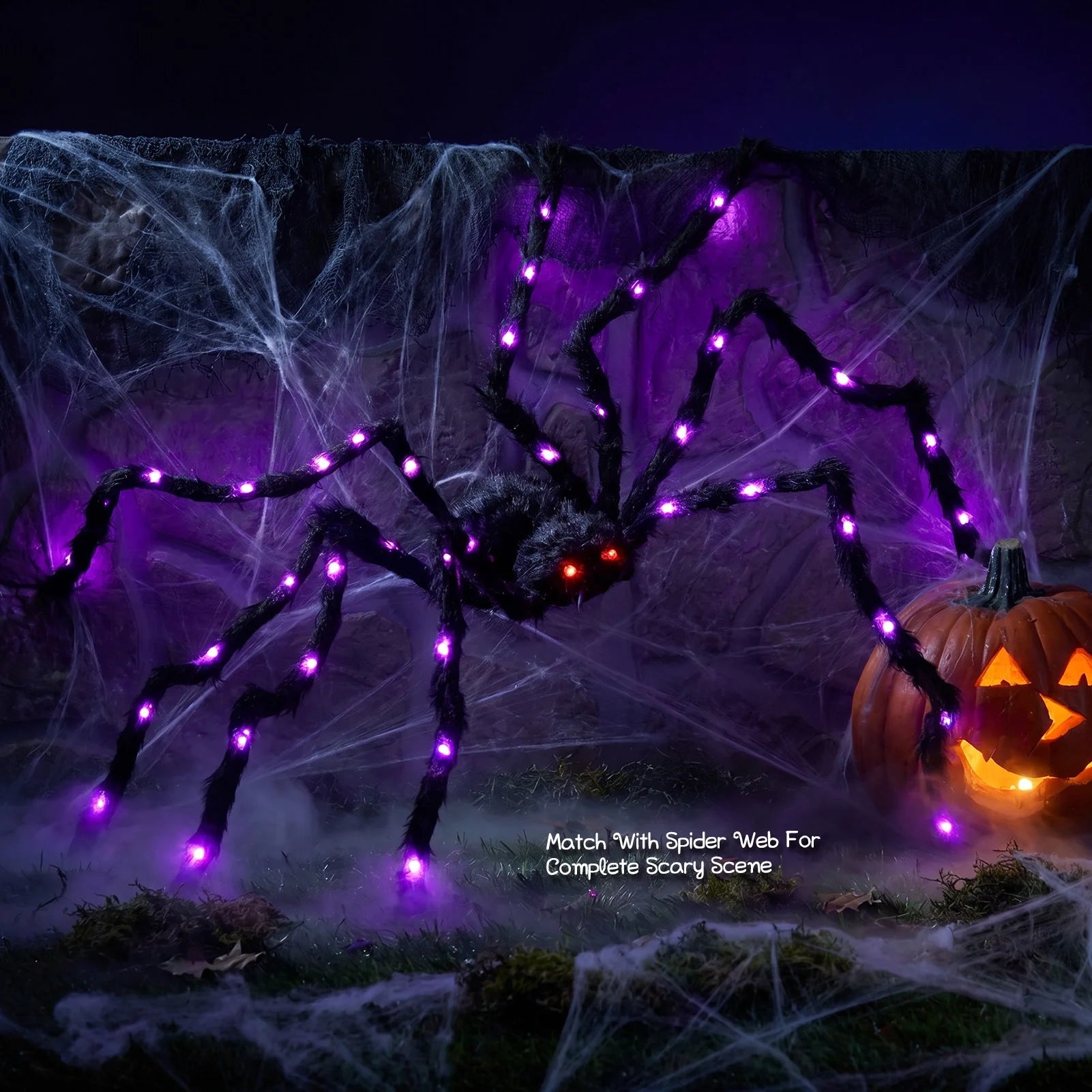 5Ft Giant Light-Up Halloween Spider, Scary Hairy Fabric Spider for Indoor Outdoor Yard Haunted House Decor, Purple
