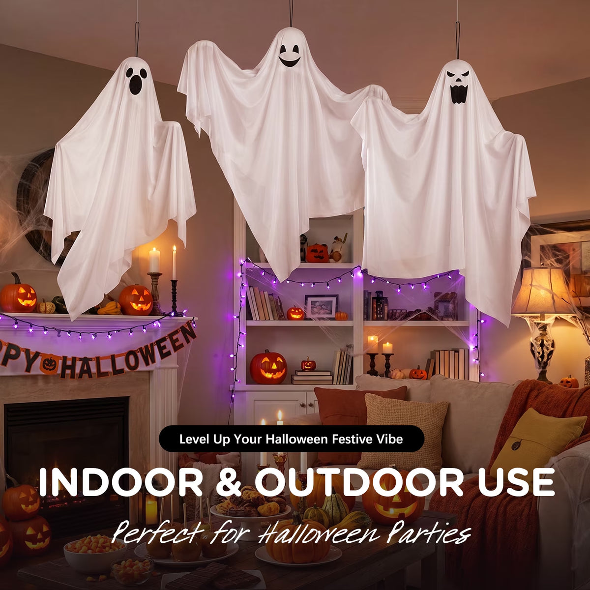 Halloween Hanging Ghosts Outdoor Decoration(3 Pack), Cute Flying Ghosts for Halloween Yard Garden Porch Party Decorations