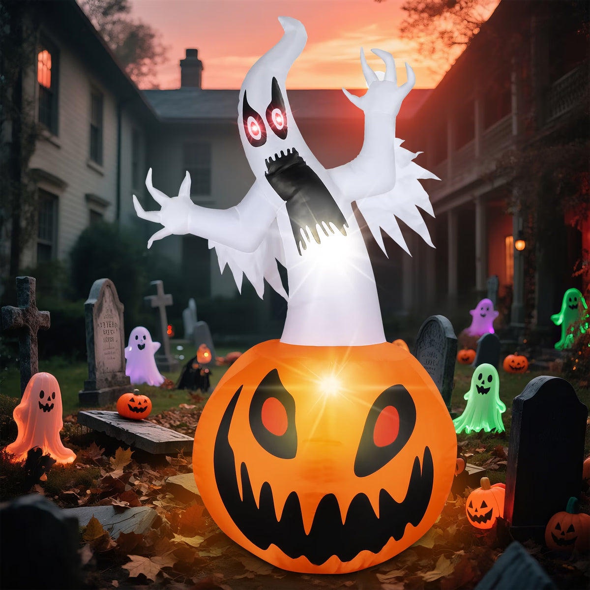 5 Ft Halloween Inflatable Pumpkin Halloween Inflatable Pumpkins and Ghost Outdoor Yard Decoration Build-In 4 LED Lights