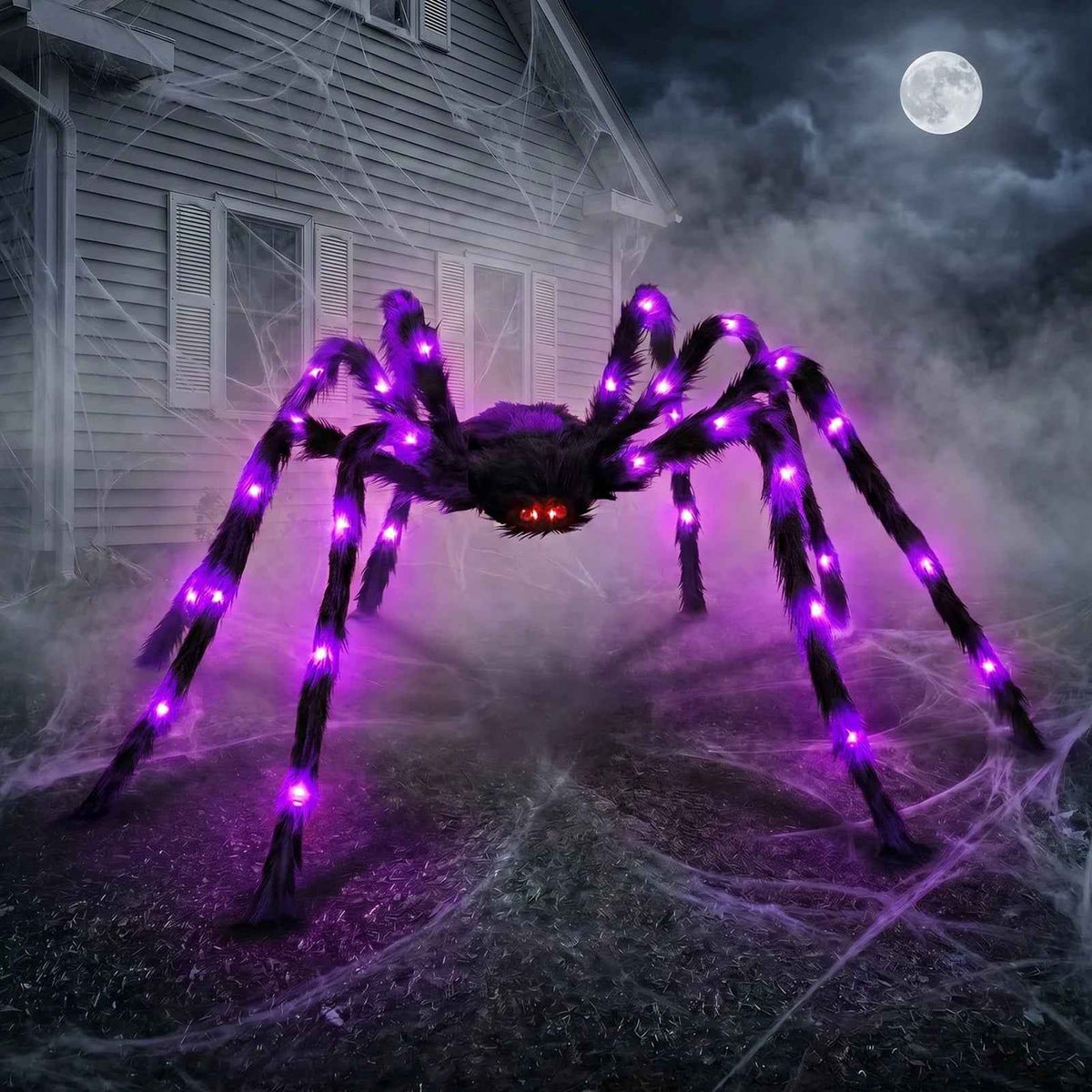 5ft Giant Light-Up Halloween Spider | Hairy Plush, Purple LED Legs, Poseable — Indoor & Outdoor Decor