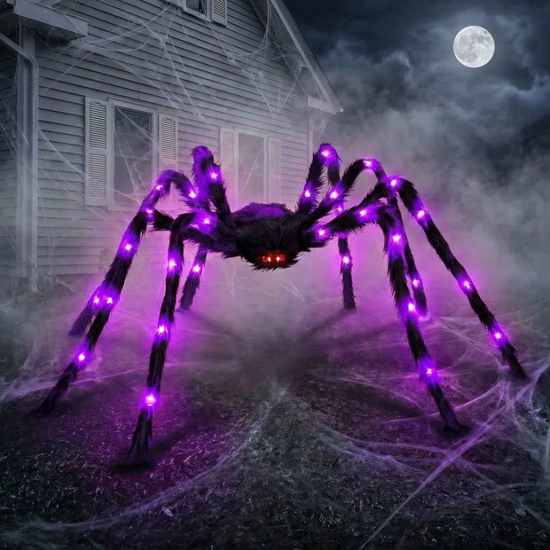 5ft Giant Light-Up Halloween Spider | Hairy Plush, Purple LED Legs, Poseable — Indoor & Outdoor Decor