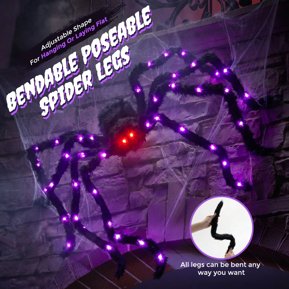 5Ft Giant Light-Up Halloween Spider, Scary Hairy Fabric Spider for Indoor Outdoor Yard Haunted House Decor, Purple