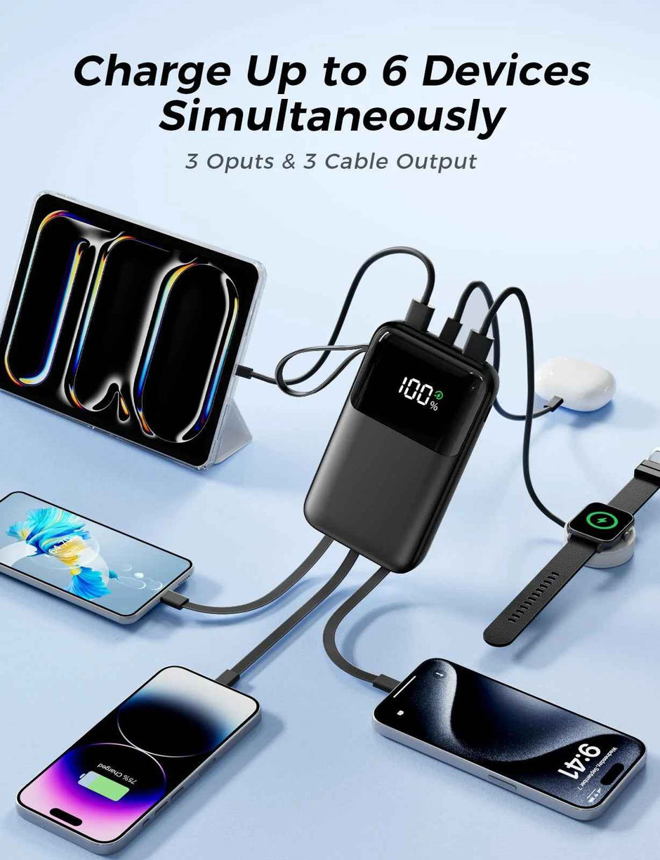 15,000mAh Power Bank | 22.5W Fast Charging, Built-In Cables, 6 Outputs, LED Display — Black