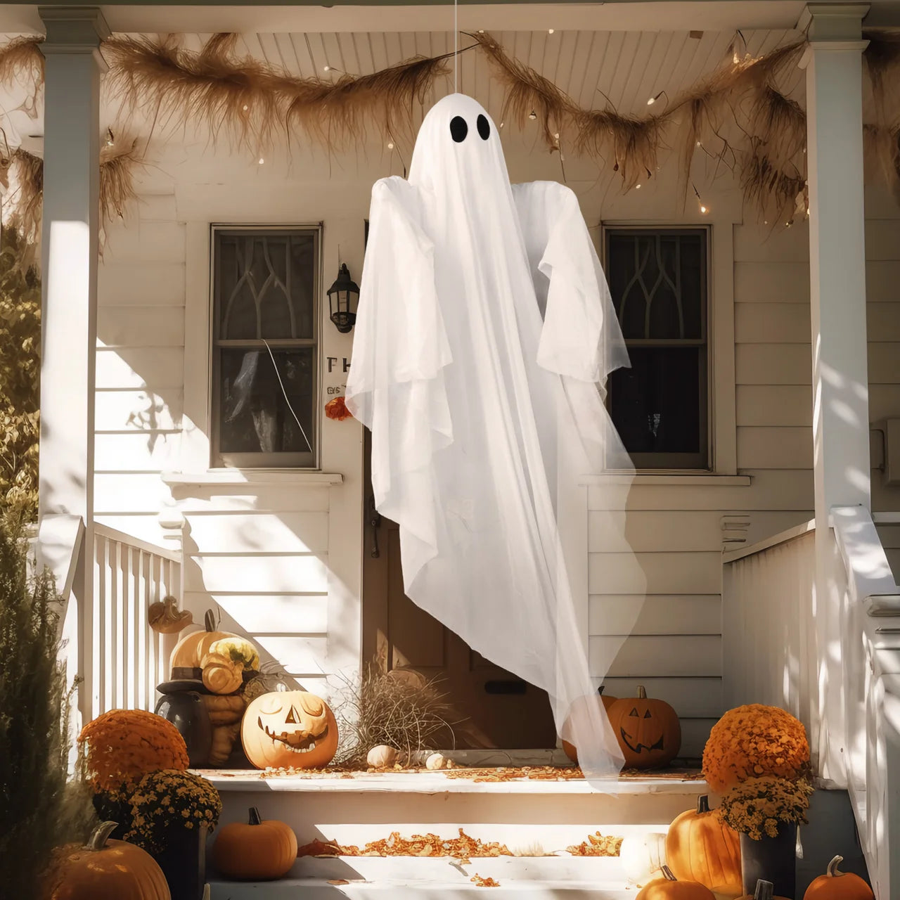 47 Inch Hanging Ghosts Halloween Decor,Halloween Light up White Ghosts with Spooky White LED Light,Halloween Outdoor Yard Porch Decorations,Haunted House Decorations