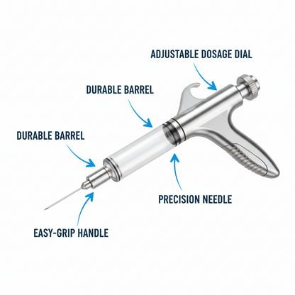 Veterinary Continuous Syringe Gun – Adjustable Dose Animal Injector with 10 Needles