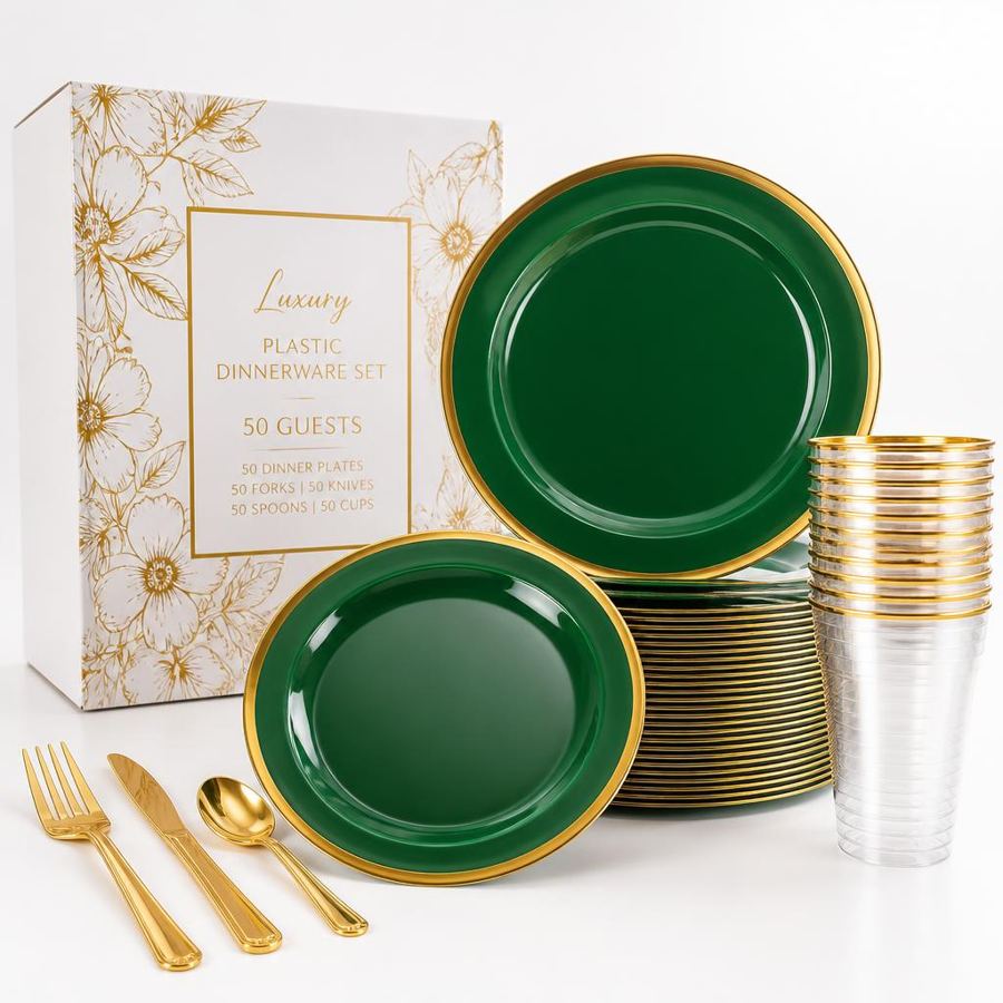 Green dinnerware set — emerald green and gold plastic plates, cups and cutlery