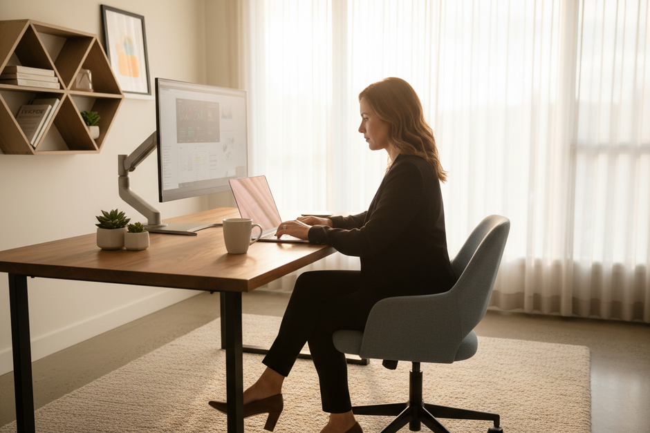 Professional using gray laptop in modern home office
