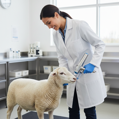 Smiling veterinarian using professional continuous syringe injector on calm animal in clean clinic