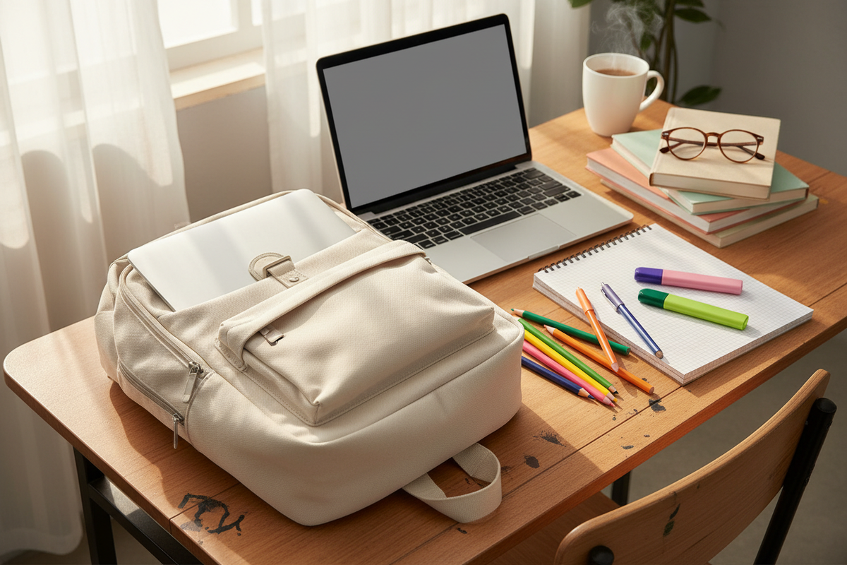 Off-white school backpack on desk with books and laptop - back to school flat lay