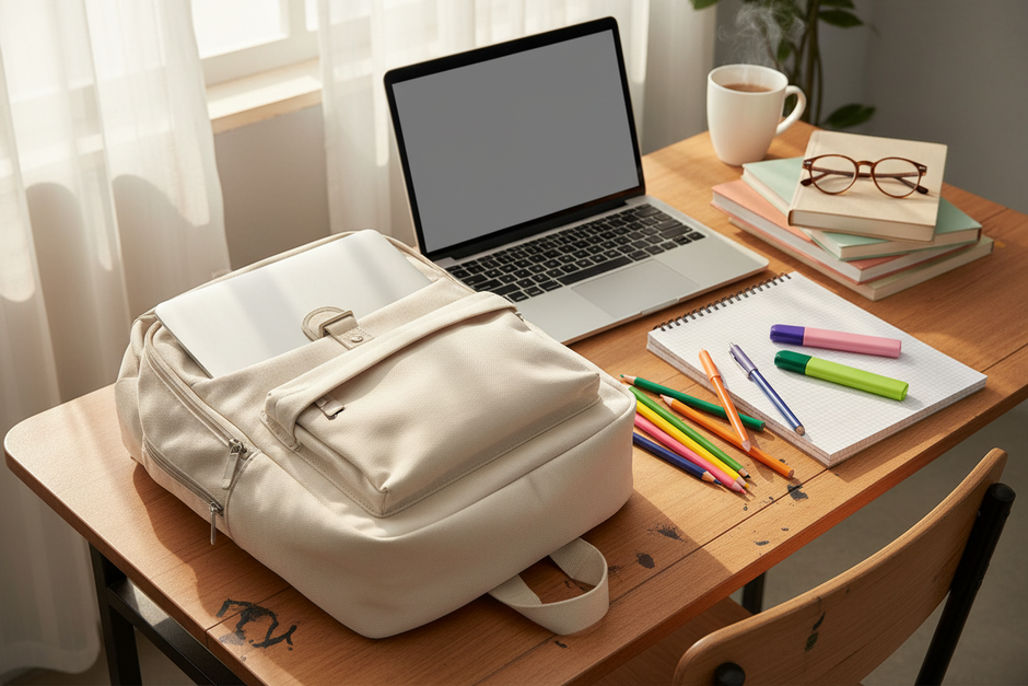 Off-white school backpack on desk with books and laptop - back to school flat lay