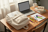 Off-white school backpack on desk with books and laptop - back to school flat lay