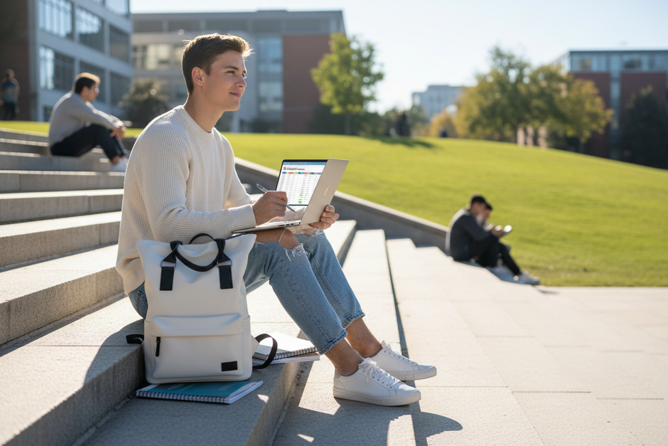 Teen student sitting outdoors on campus steps with off-white school backpack