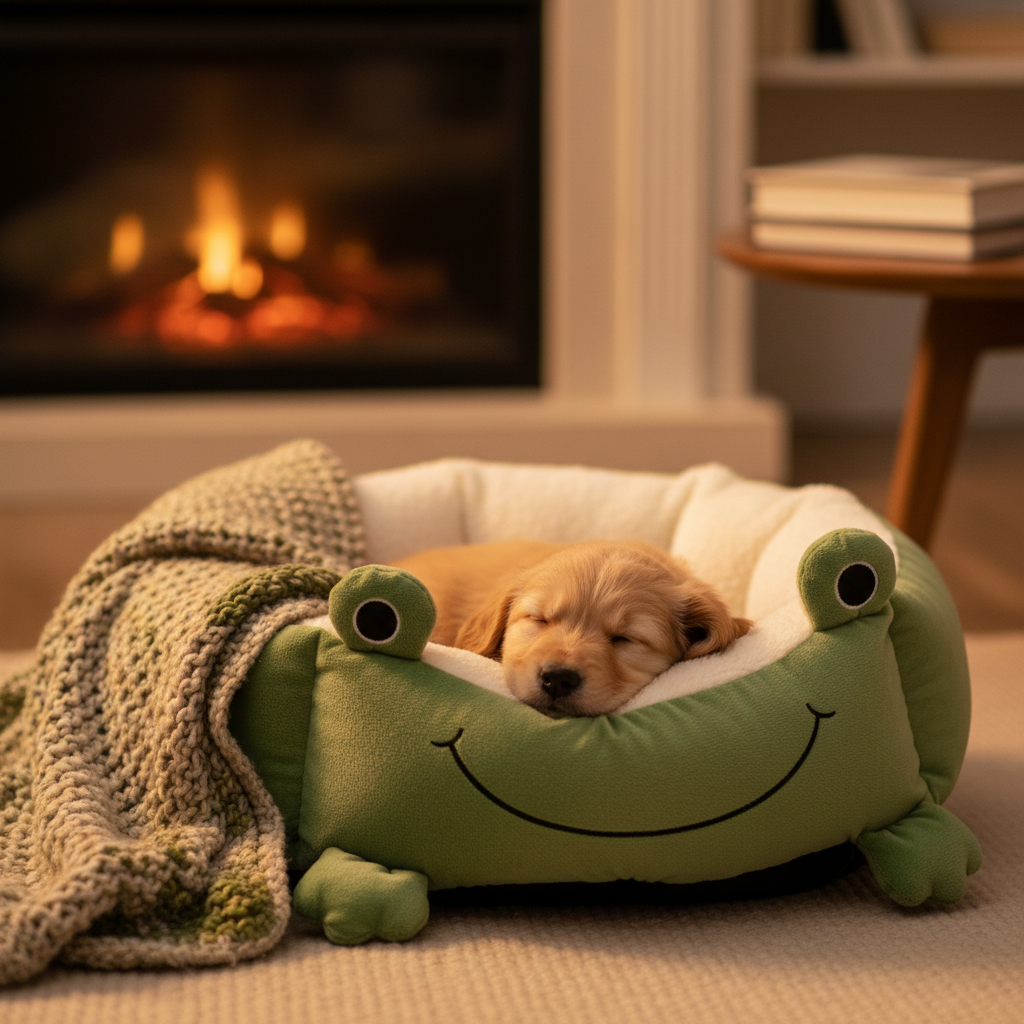 Frog-Shaped Plush Pet Nest – Warm Winter Dog Den & Cat Villa Semi-Enclosed Kitten Puppy House - Gold Store Business