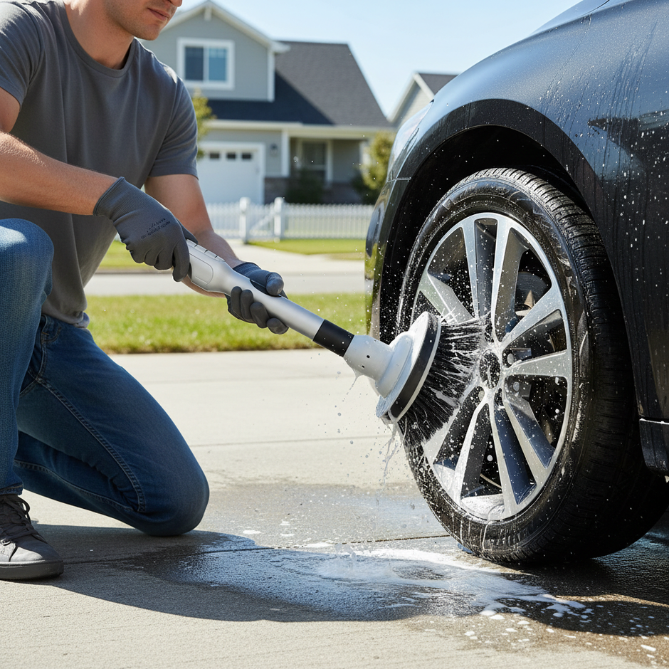Electric spin scrubber cleaning car tires and wheels