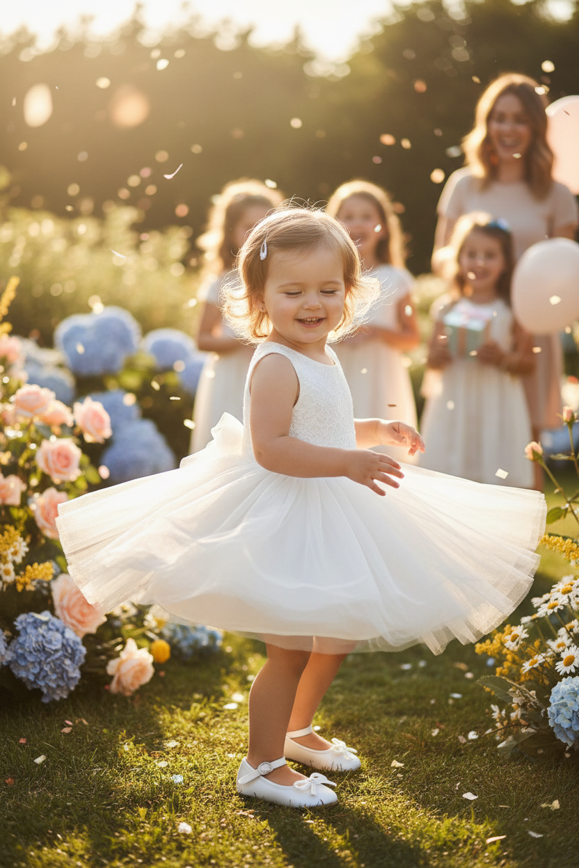 Toddler girl wearing white ballerina Mary Jane dress shoes at birthday party