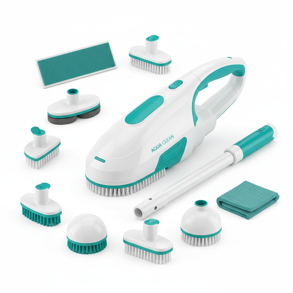 Scrub It Electric Spin Scrubber product shot with 9 brush heads on white background