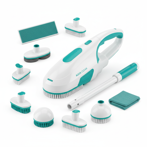Scrub It Electric Spin Scrubber product shot with 9 brush heads on white background