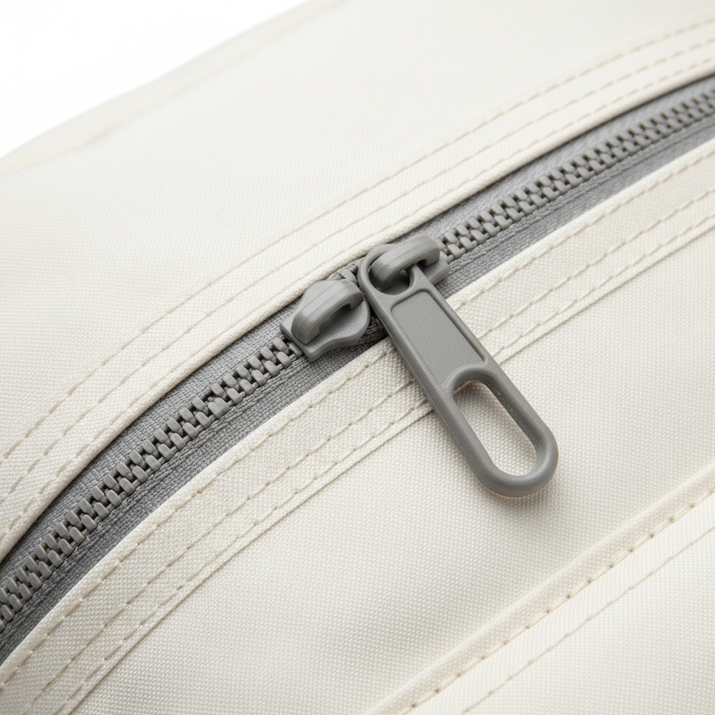 Close up detail of off-white school backpack zipper and waterproof fabric