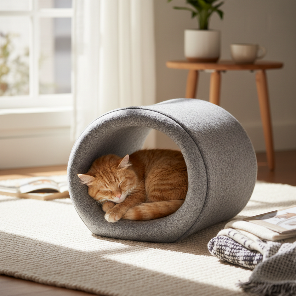 Donut Cat Tunnel Bed & Cave – Natural Felt Pet House with Interactive Toy for Cats - Gold Store Business