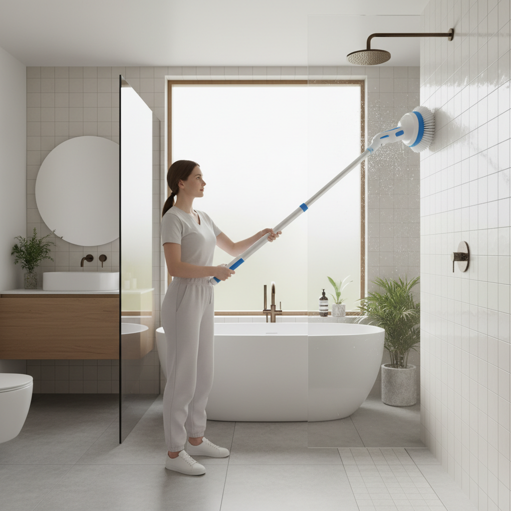 Person using electric spin scrubber to clean bathroom tiles