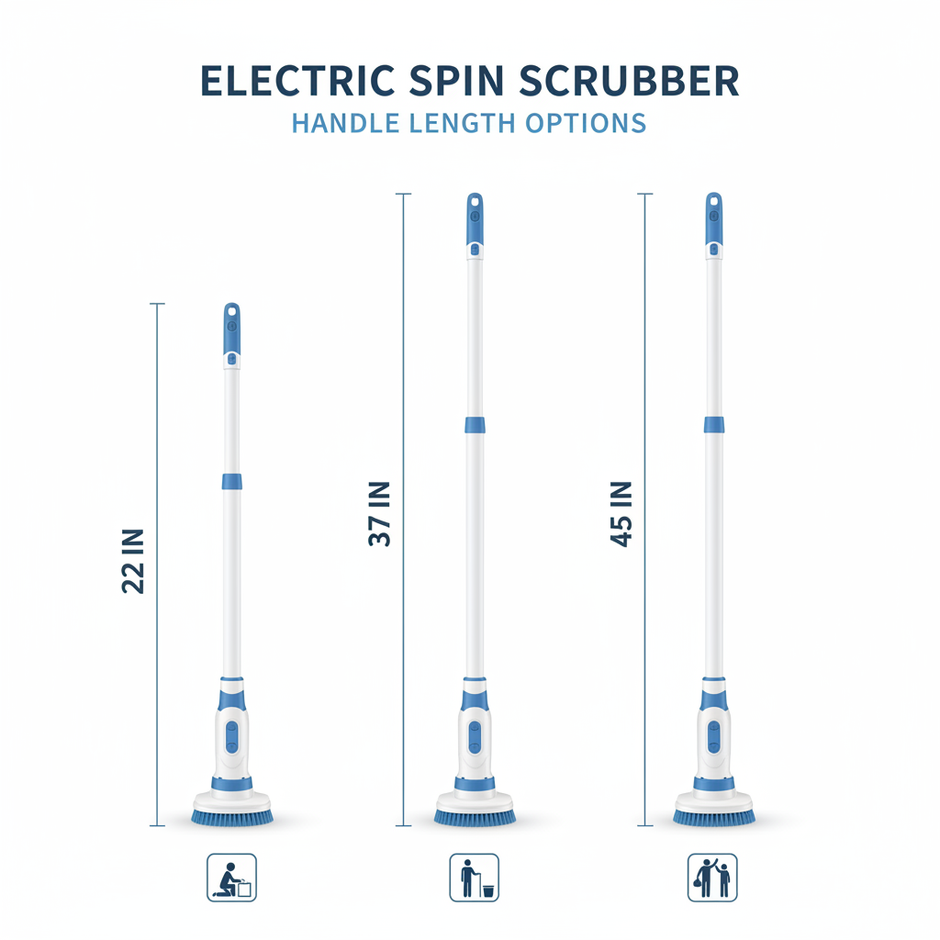 Electric spin scrubber handle length options infographic 22in 37in 45in