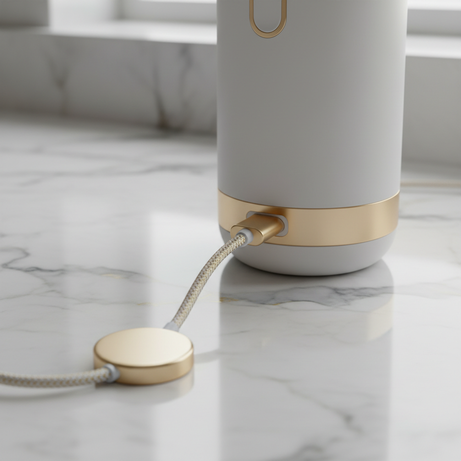 Electric spin scrubber USB-C charging on marble surface