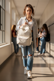 Teen girl wearing off-white school backpack in school hallway
