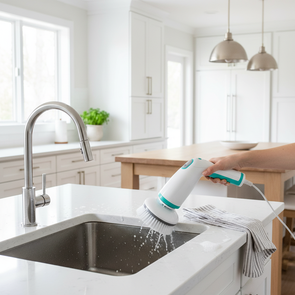 Electric spin scrubber cleaning kitchen sink and countertop