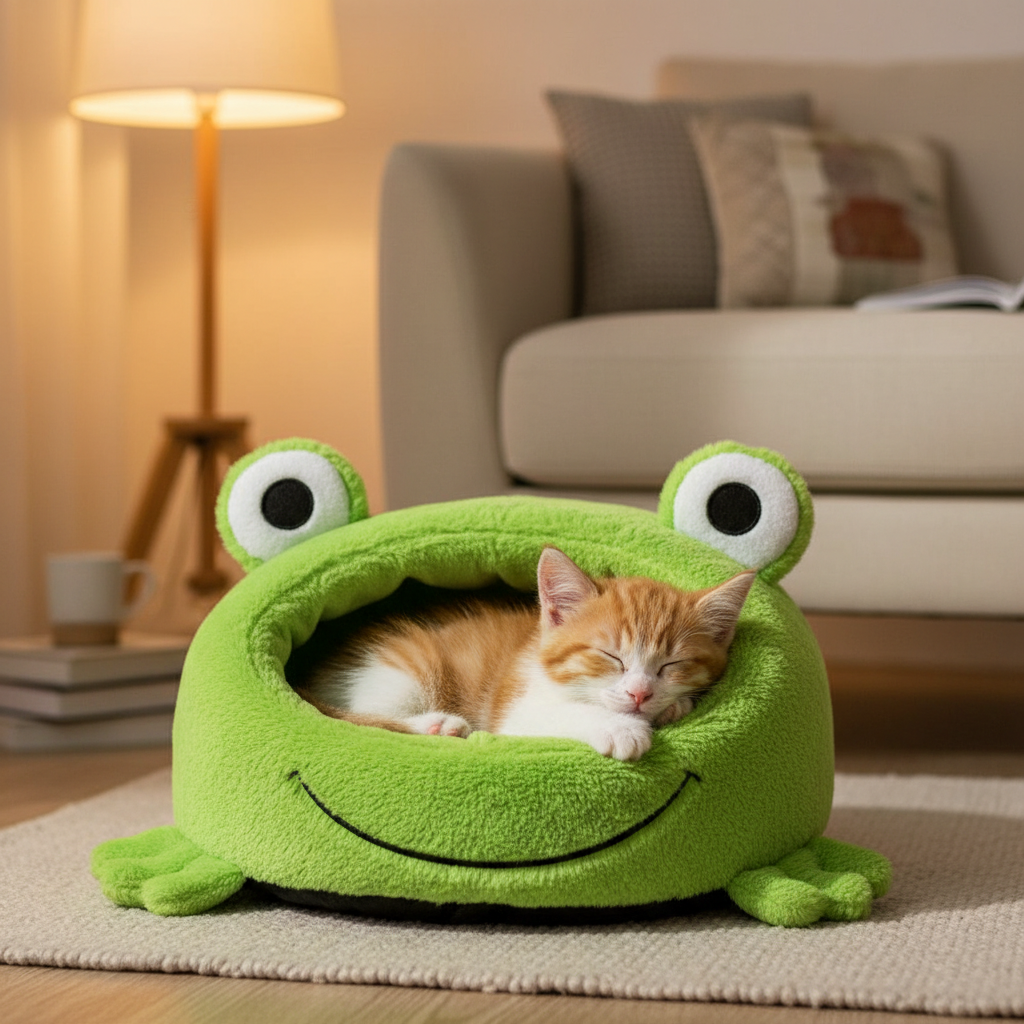 Frog-Shaped Plush Pet Nest – Warm Winter Dog Den & Cat Villa Semi-Enclosed Kitten Puppy House - Gold Store Business