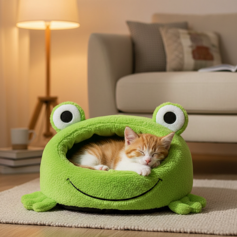 Frog-Shaped Plush Pet Nest – Warm Winter Dog Den & Cat Villa Semi-Enclosed Kitten Puppy House - Gold Store Business