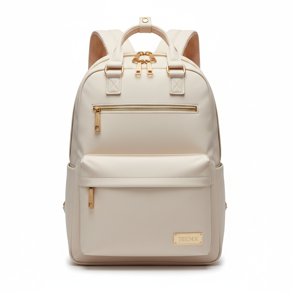 School backpack front view - off-white waterproof fashion bookbag for teens