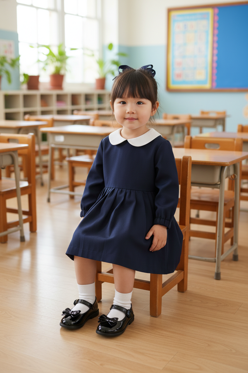 Toddler girl wearing black ballerina Mary Jane dress shoes at school