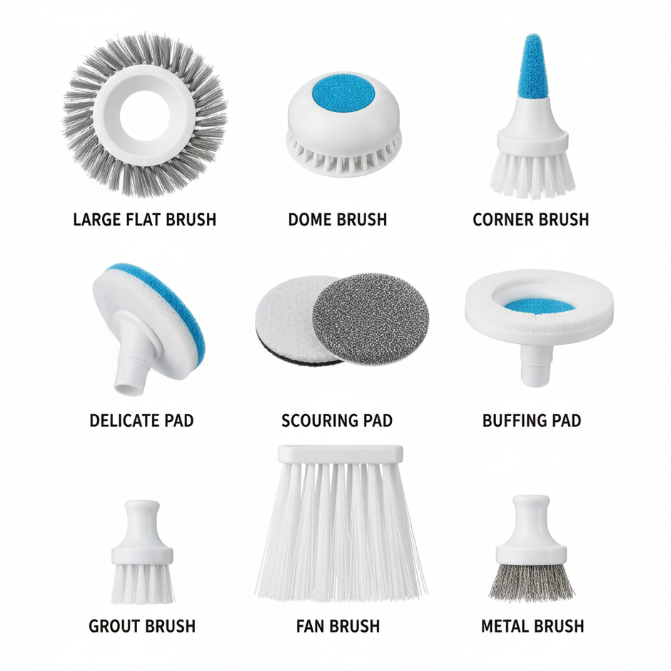 All 9 attachment heads of electric spin scrubber flat lay on white background