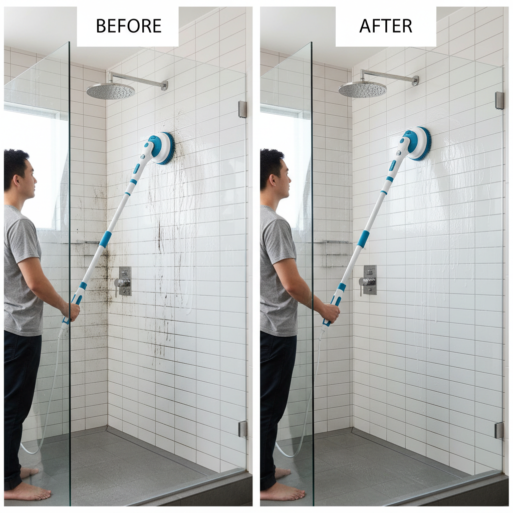 Electric spin scrubber with extended 45-inch handle cleaning shower wall