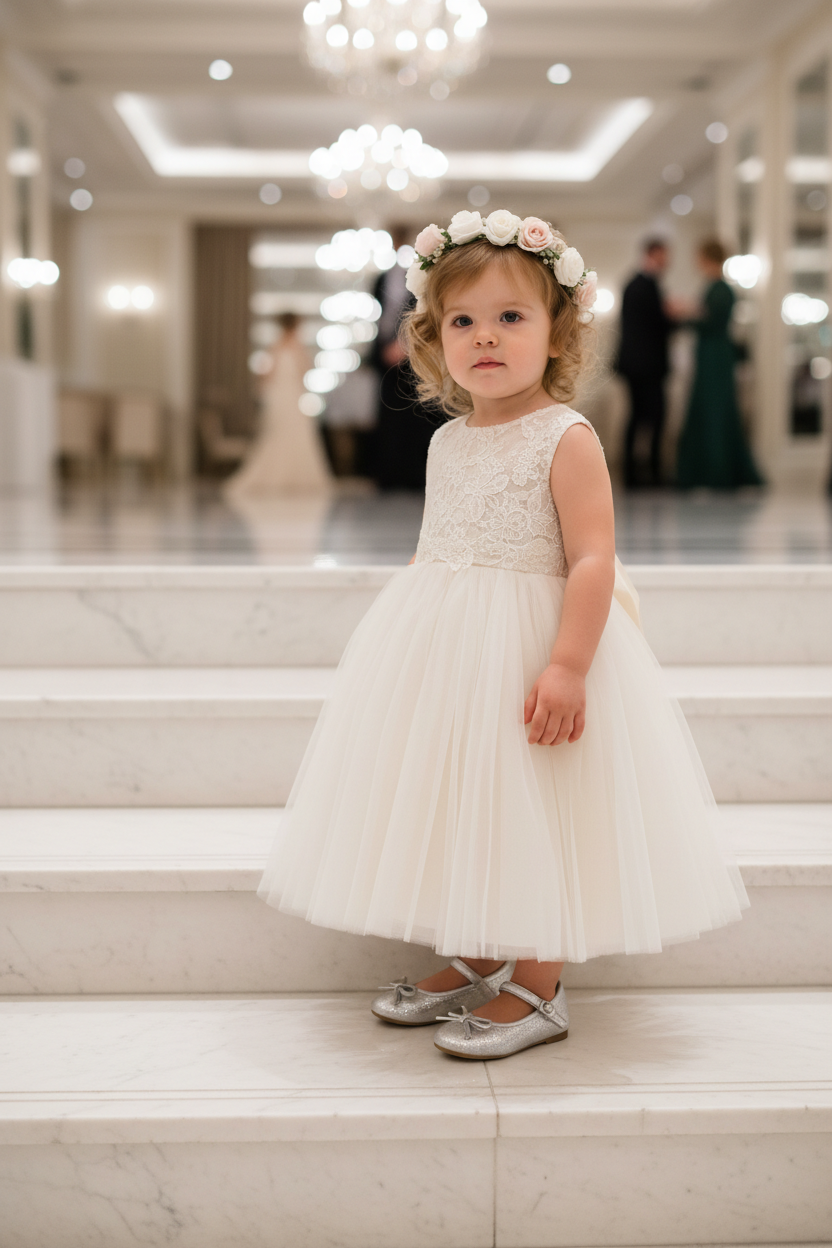 Toddler girl wearing silver ballerina Mary Jane dress shoes at wedding