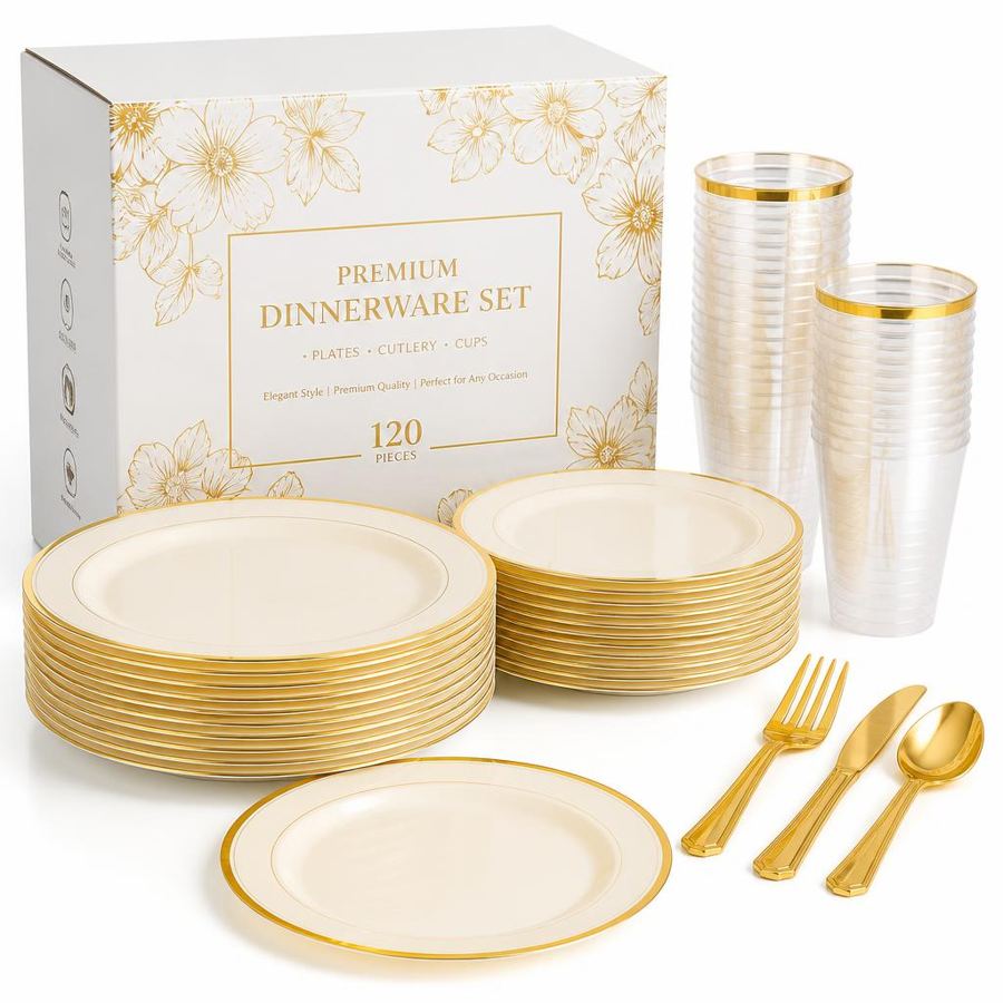 Ivory dinnerware set — ivory cream and gold plastic plates, cups and cutlery