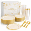 Ivory dinnerware set — ivory cream and gold plastic plates, cups and cutlery