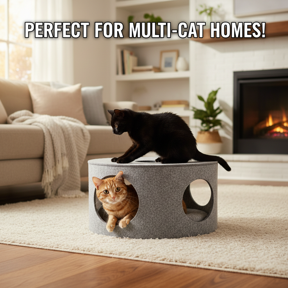 Donut Cat Tunnel Bed & Cave – Natural Felt Pet House with Interactive Toy for Cats - Gold Store Business